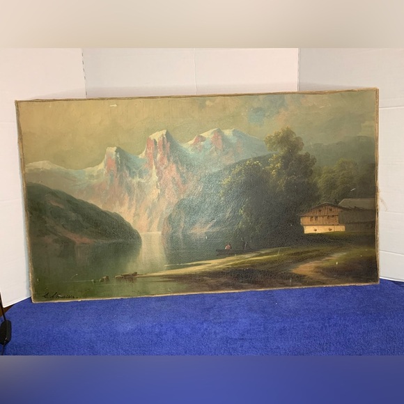18x32 Antique Oil Painting Mountain River Boat Farm Scene S. Strausser - Picture 1 of 8
